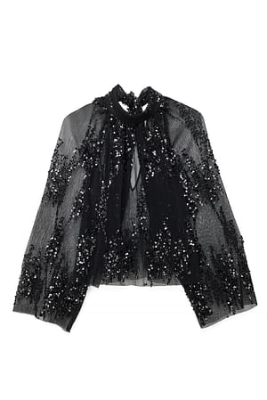 Black Plisserad topp i mesh med paljetter