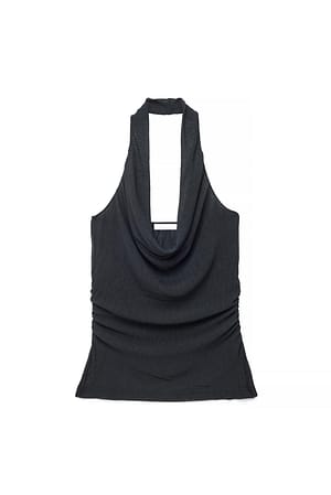 Black Pleated Sheer Halterneck Top