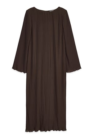Brown Plisse Trumpet Sleeve Maxi Dress