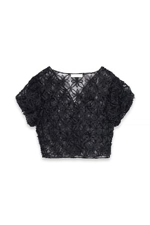 Black Blus i chiffong med puffärmar och blommor