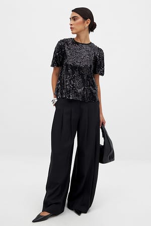 Black Puff Sleeve Sequin Top