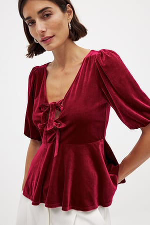 Red Puff Sleeve Velvet Top
