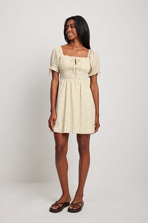Yellow Flower Puff Tie Sleeve Mini Dress