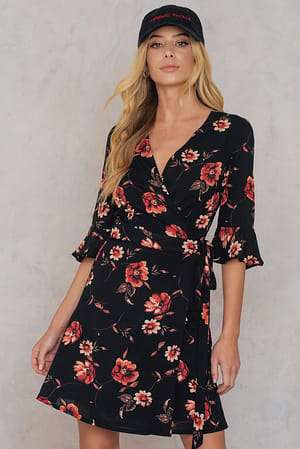 Red Print Wrap Around Short Dress