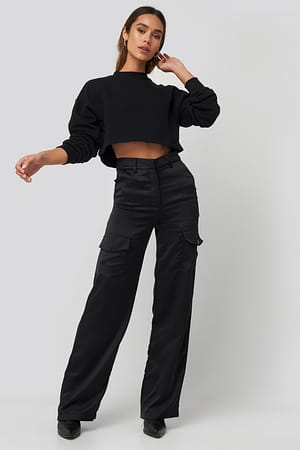 Black Satin Cargo Pants