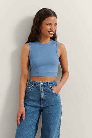 Blue Ribbed Crop Top
