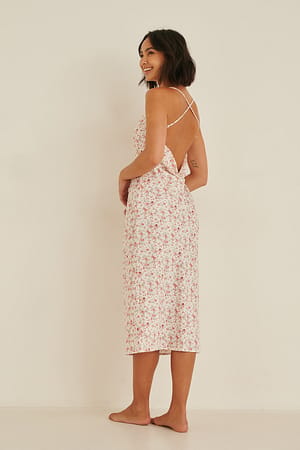 Coral Flower Print Satin Waterfall Midi Dress