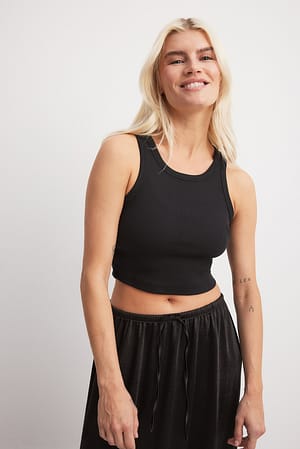 Black Camiseta sin mangas corta acanalada