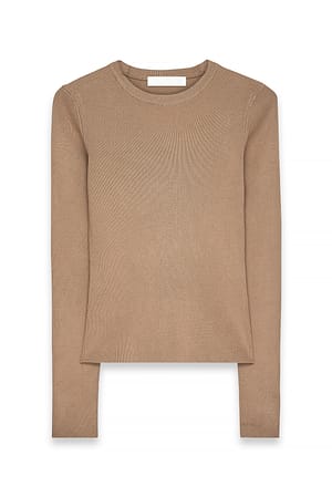 Beige Ribbed Knitted Round Neck Top
