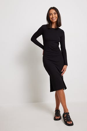 Black Ribbed Slit Dress