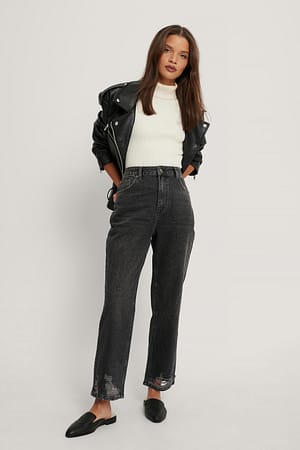 Black Ripped Hem Straight High Waist Jeans