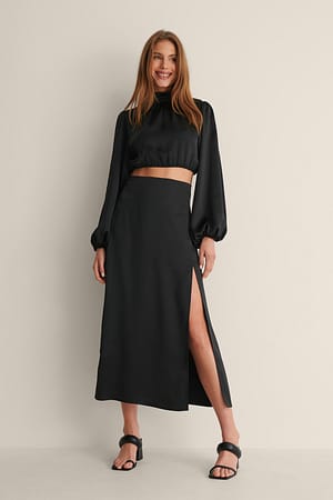 Black High Slit Satin Skirt