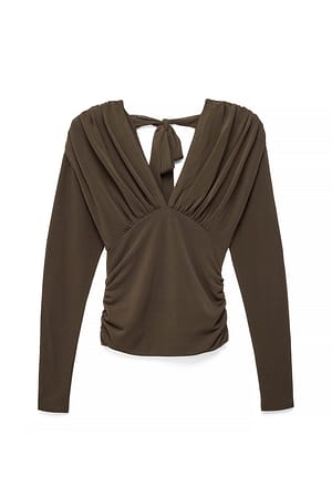 Khaki Green Langærmet top i jersey med flæser