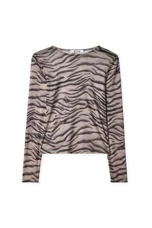 Beige Animal Print Åtsittande topp i mesh med rund halsringning