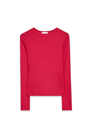 Red Round Neck Rib Long Sleeve Top