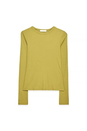 Green Round Neck Rib Long Sleeve Top