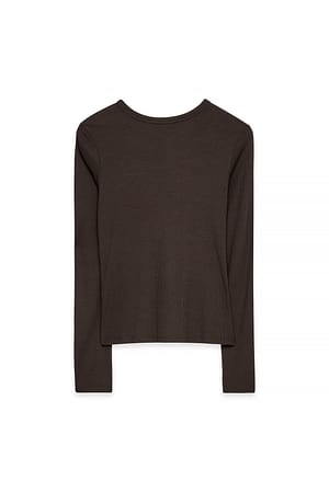 Dark Brown Round Neck Rib Long Sleeve Top