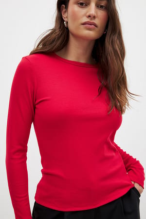 Red Round Neck Rib Long Sleeve Top