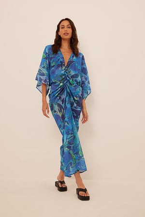 Navy/Flower Ruched Chiffon Caftan