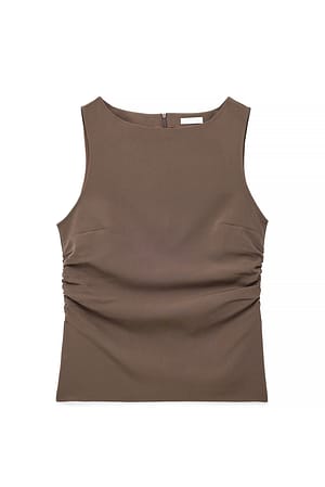 Brown Mouwloze top met ruches taille
