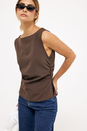 Brown Ruched Waist Sleeveless Top