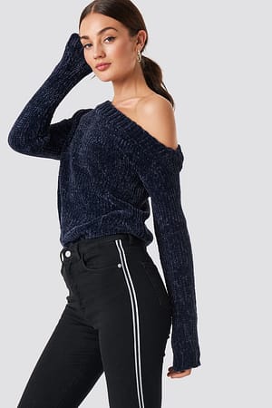 DK Navy Chenille Off Shoulder Knit
