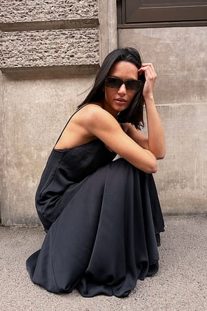 Black Satin Asymmetric Tier Slip Dress