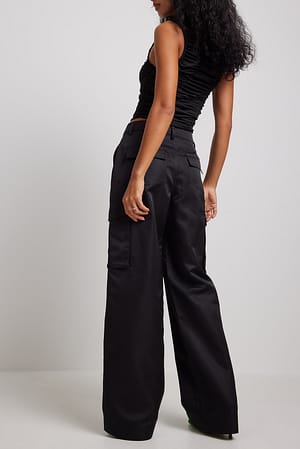 Black Satin Detail Cargo Pants