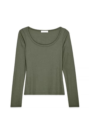 Khaki Ripp-Oberteil mit Rundhalsausschnitt