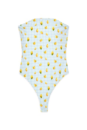 Blue/Print bedruckter Bandeau-Badeanzug aus Seersucker