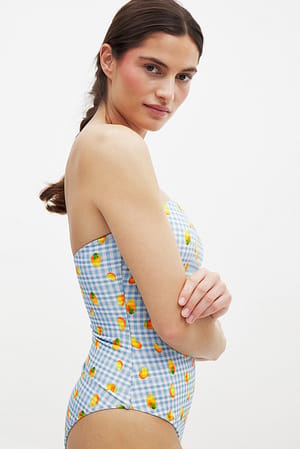 Blue/Print Bandeau-badedrakt i seersucker med trykk