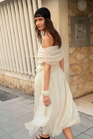 Cream Sheer Off Shoulder Midi Dress