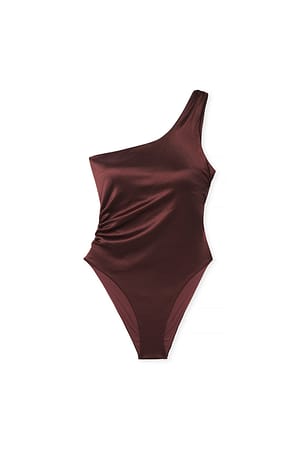 Burgundy Glanzende asymmetrische badpak