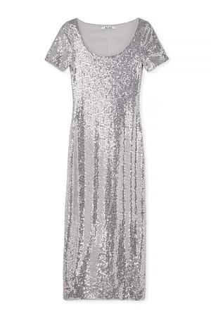 Silver Short Sleeve Sequin Midi Dress