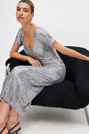 Silver Short Sleeve Sequin Midi Dress
