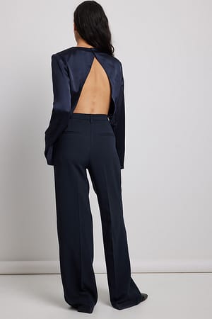 Dark Blue Shoulder Padded Open Back Satin Top