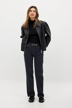 Dark Grey Mid Waist Slim Straight Denim