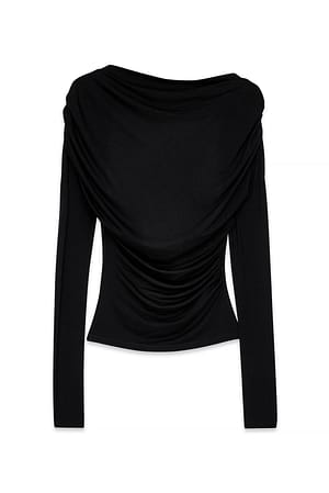 Black Soft Line Long Sleeve Draped Top