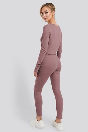 Rose Taupe Mjuka Ribbade Tights Med Hög Midja