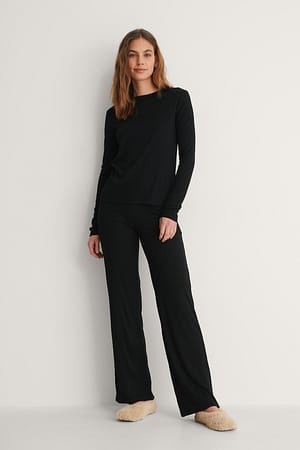 Black Soft Ribbed Wide Basic Pants
