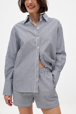 Navy/White Striped Elastic Waist Cotton Shorts