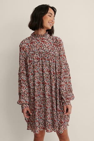 Multi Colour Print Kjole Med Struktur Og Blomstertrykk