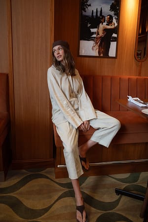 Beige Tapered Linen Mid Waist Trousers