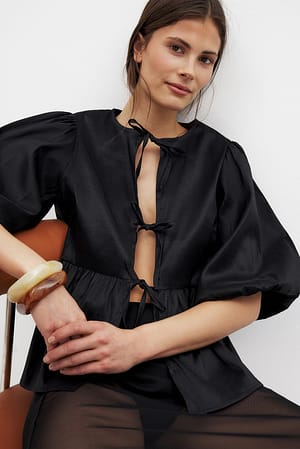 Black Tie Front Puff Shoulder Blouse
