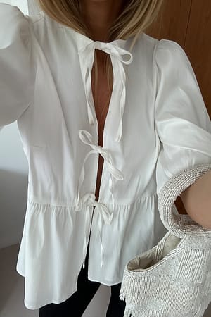 White Tie Front Puff Shoulder Blouse