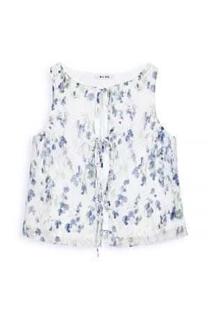 Blue Flower Print Tie Pleated Top