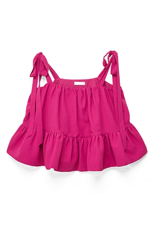 Fuchsia Pink Topp med rysjer og knyting i skulderen