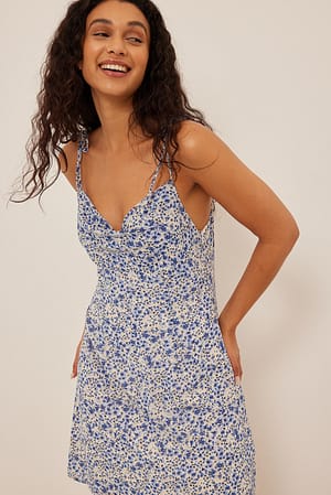 Blue Print Tie Shoulder Sheer Mini Dress