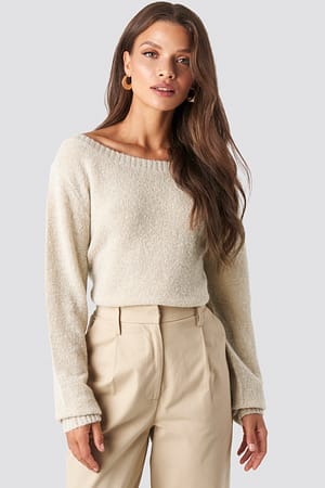 Beige Boat Neck Knitted Sweater