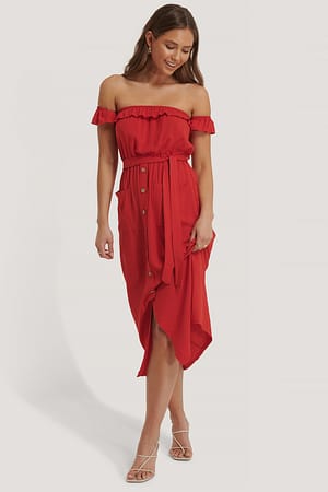Red Belted Buttoned Long Dress